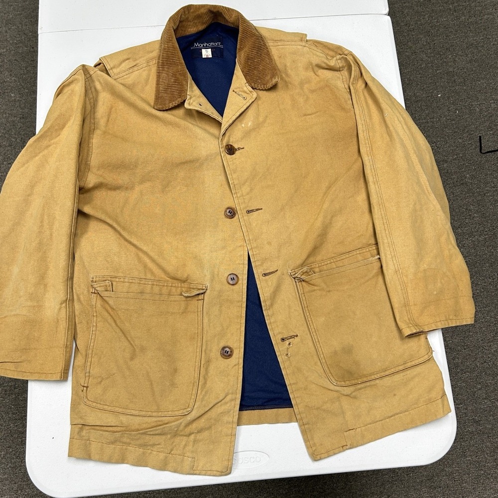 Manhattan Chore Coat Mens XL Tan Canvas Corduroy Collar Fleece Lined Vintage